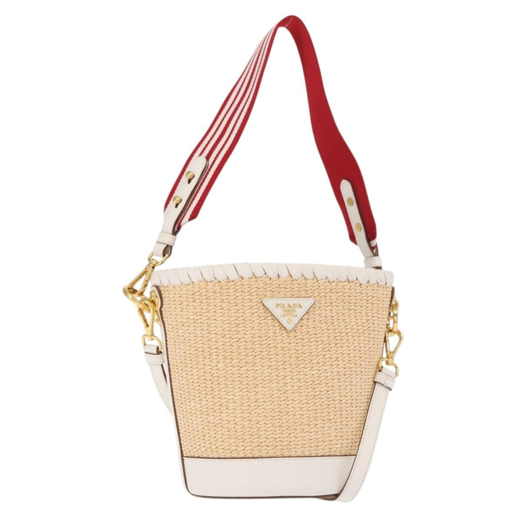Prada Bucket Bag Woven Raffia With Leather Beige Leather Shoulder Bag Bag (Pre-Owned)