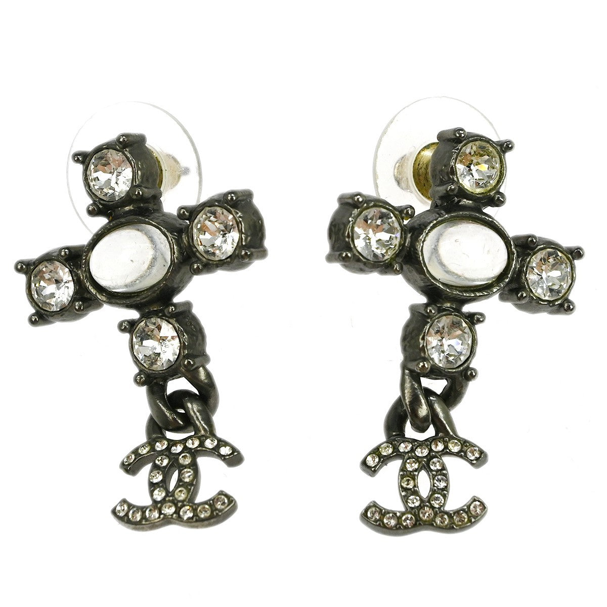 Chanel Cc Dangle Earrings Metal With Crystals Silver Silver_Plated Earrings Jewelry (Pre-Owned)