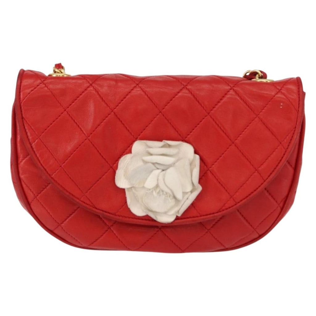 Chanel Camellia Rounded Clutch Satin And Leather Red Leather Shoulder Bag Bag (Pre-Owned)