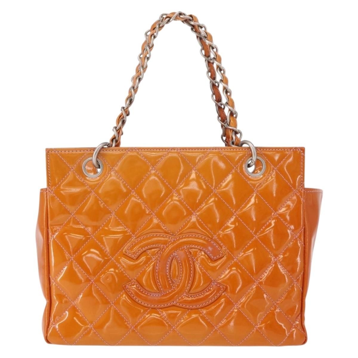 Chanel Vintage Petite Timeless Tote Quilted Patent Orange Patent_Leather Tote Bag Bag (Pre-Owned)