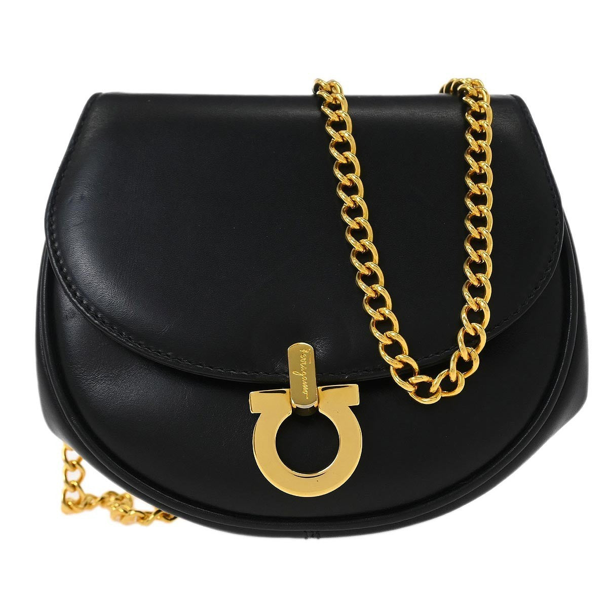 Salvatore Ferragamo Gancini Shoulder Bag Leather Black Leather Shoulder Bag Bag (Pre-Owned)