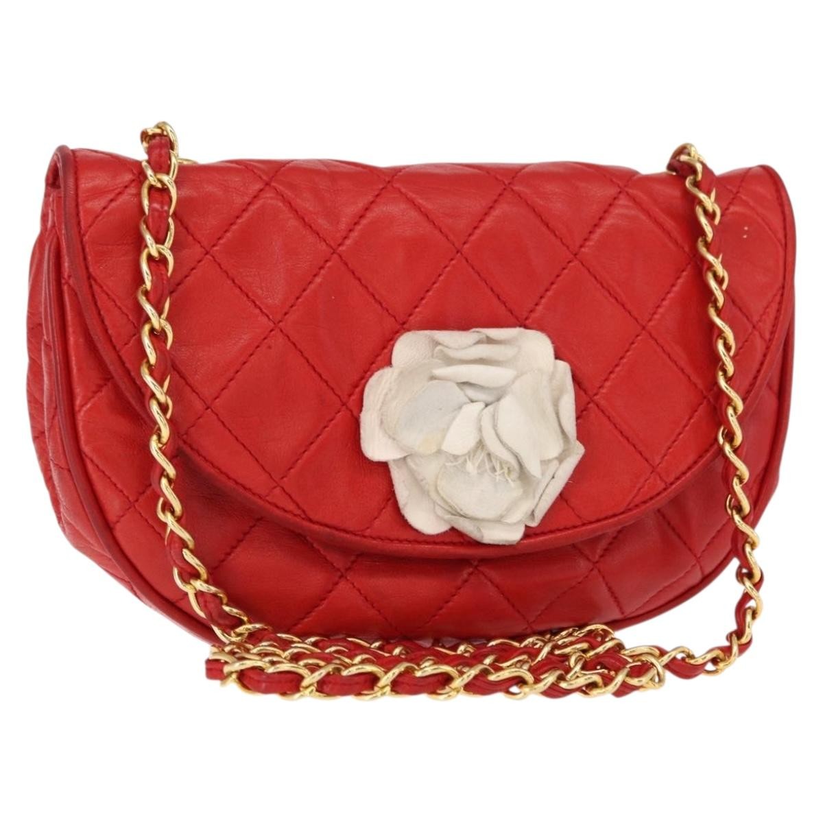 Chanel Camellia Rounded Clutch Satin And Leather Red Leather Shoulder Bag Bag (Pre-Owned)