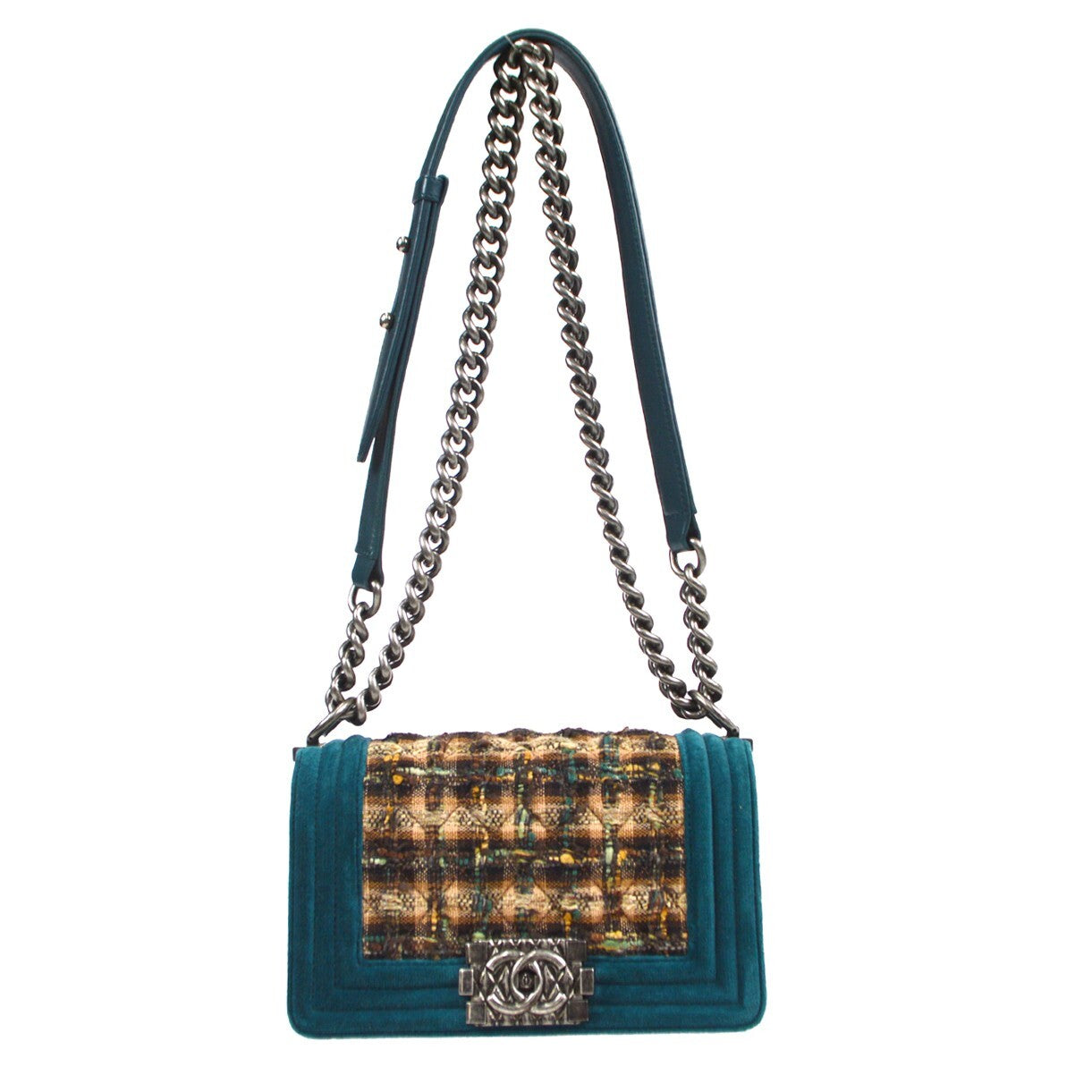 Chanel Boy Flap Bag Quilted Tweed With Velvet Blue Velvet Shoulder Bag Bag (Pre-Owned)