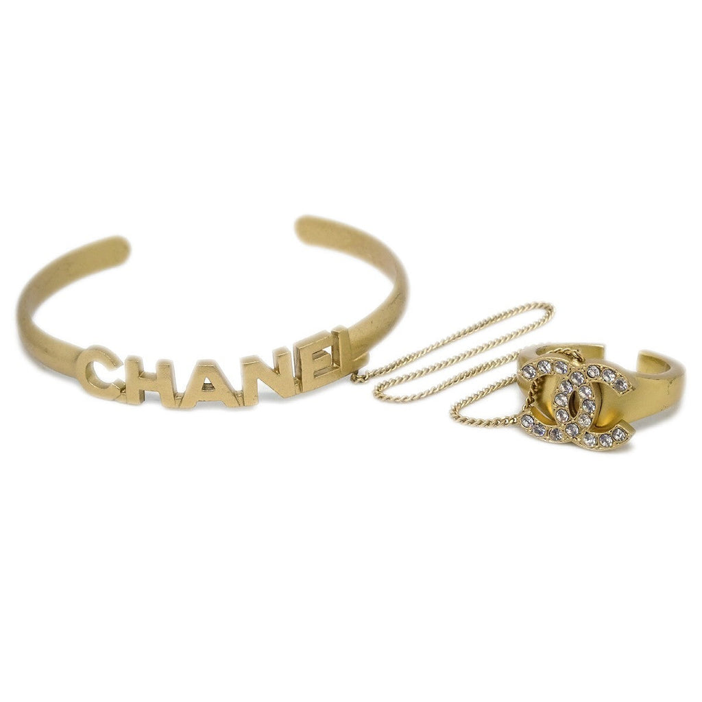 Chanel Logo Bangle With Chain Attached Cc Ring Metal With Crystal Gold Gold_Plated Bracelet Jewelry (Pre-Owned)
