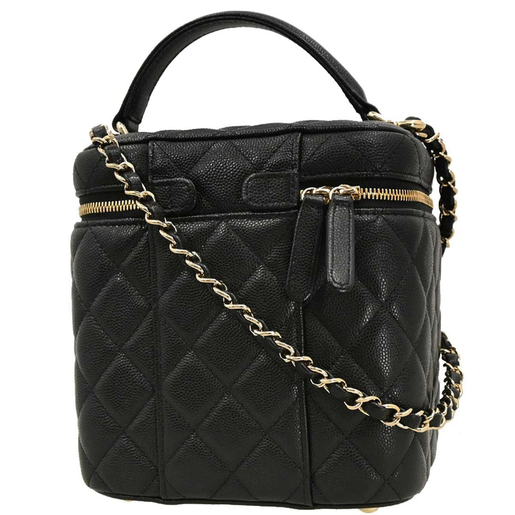 Chanel Cc Top Handle Vanity Case With Chain Quilted Caviar Black Leather Handbag (Pre-Owned)