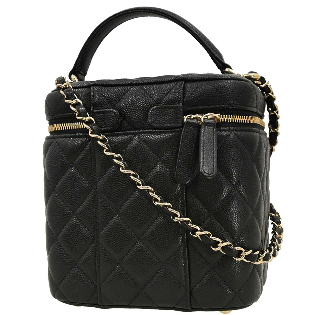 Chanel Cc Top Handle Vanity Case With Chain Quilted Caviar Black Leather Handbag (Pre-Owned)
