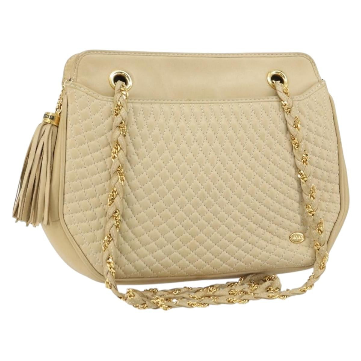 Bally Vintage Chain Shoulder Bag Quilted Leather Beige Leather Shoulder Bag Bag (Pre-Owned)