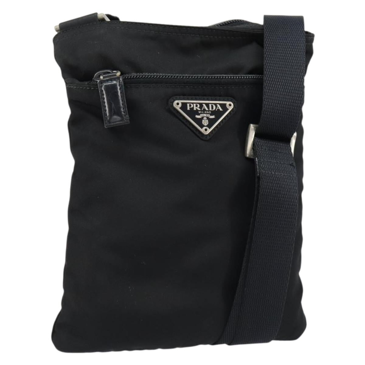 Prada Front Zip Convertible Flat Messenger Tessuto With Leather Black Nylon Shoulder Bag Bag (Pre-Owned)