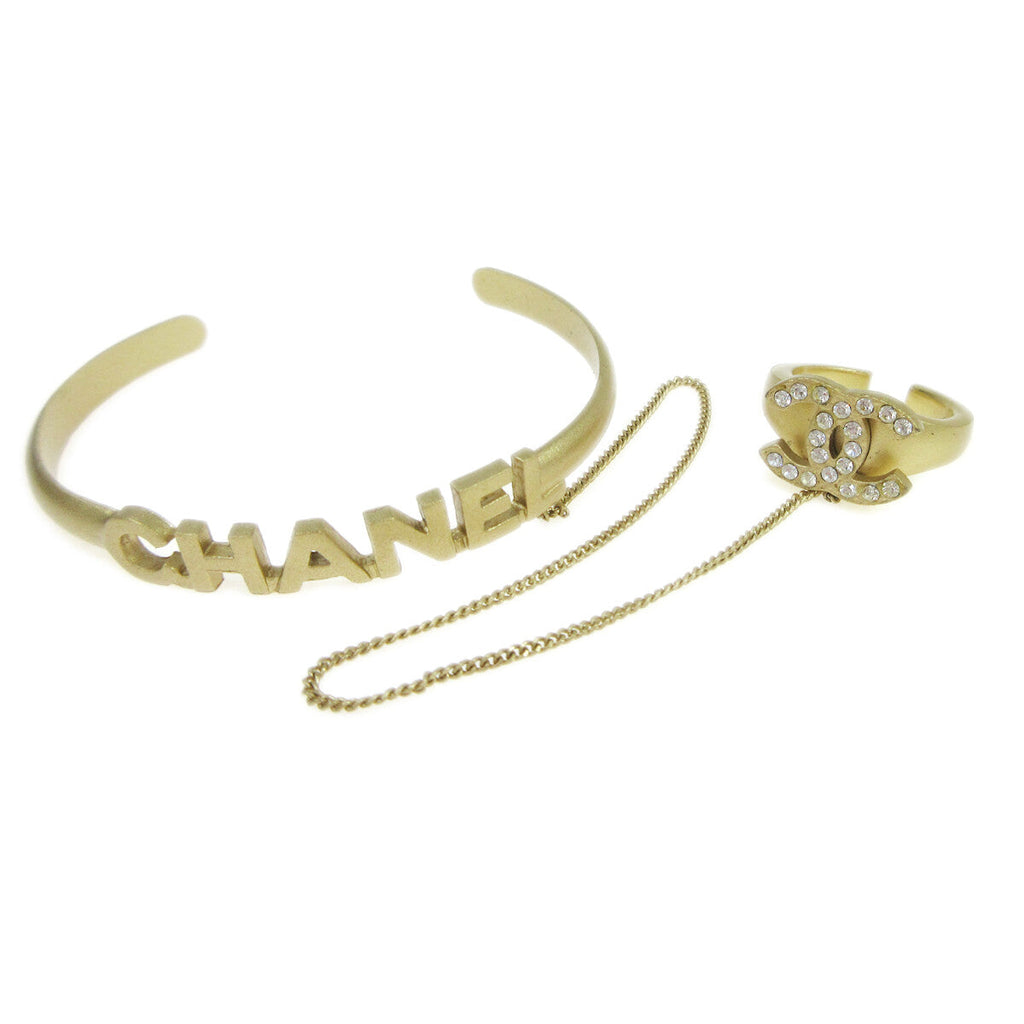 Chanel Logo Cuff With Cc Ring Metal With Crystal Gold Gold Bracelet Jewelry (Pre-Owned)