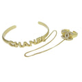 Chanel Logo Cuff With Cc Ring Metal With Crystal Gold Gold Bracelet Jewelry (Pre-Owned)