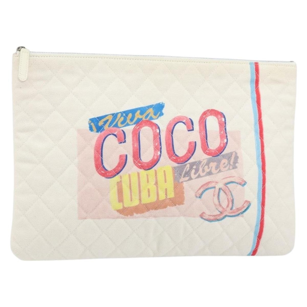 Chanel Coco Cuba Pouch Printed Quilted Canvas White Canvas Clutche & Pouche Bag (Pre-Owned)