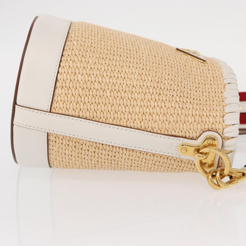 Prada Bucket Bag Woven Raffia With Leather Beige Leather Shoulder Bag Bag (Pre-Owned)