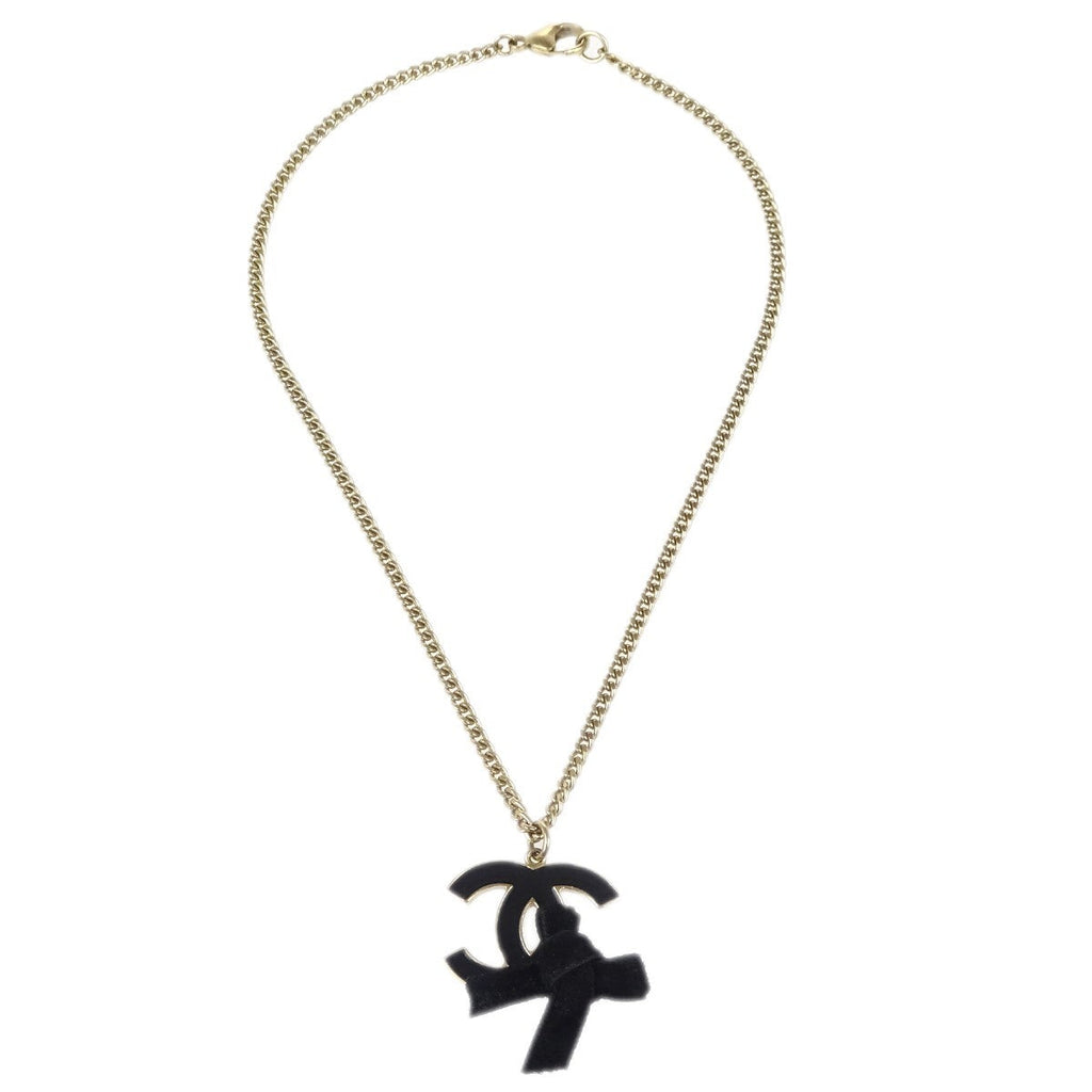 Chanel Cc Bow Chain Pendant Necklace Metal With Leather Gold Gold_Plated Necklace Jewelry (Pre-Owned)