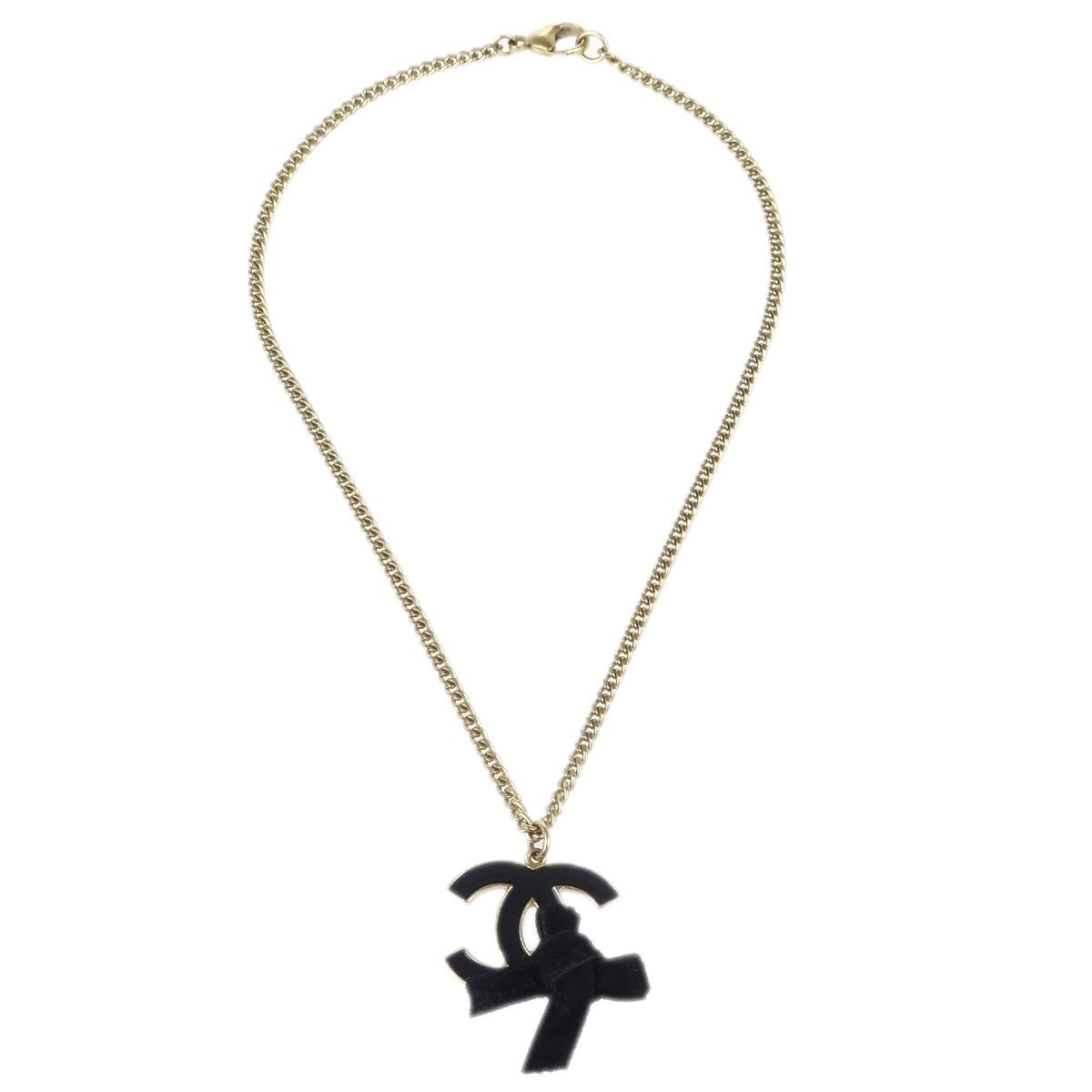 Chanel Cc Bow Chain Pendant Necklace Metal With Leather Gold Gold_Plated Necklace Jewelry (Pre-Owned)