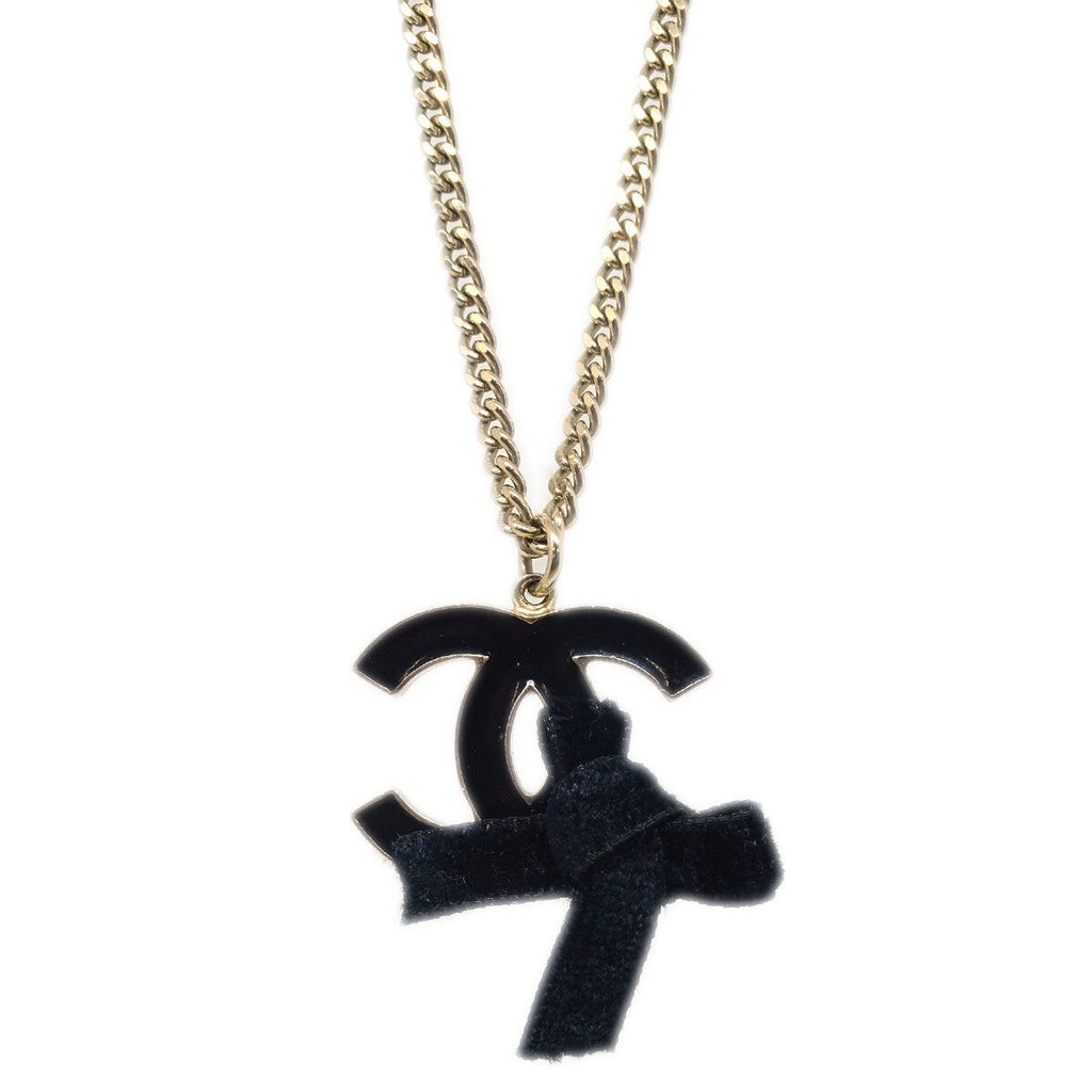 Chanel Cc Bow Chain Pendant Necklace Metal With Leather Gold Gold_Plated Necklace Jewelry (Pre-Owned)