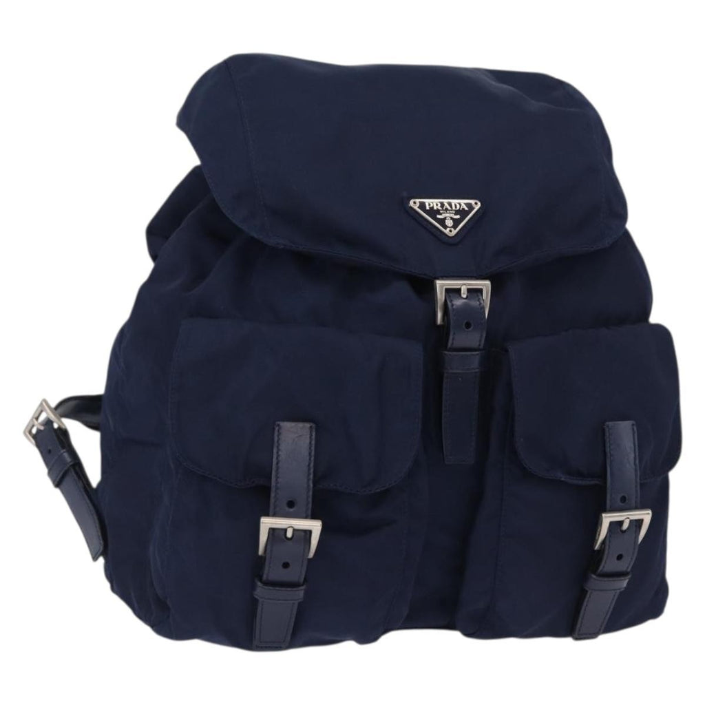 Prada Vela Double Front Pocket Backpack Tessuto With Saffiano Leather Blue Nylon Backpack Bag (Pre-Owned)