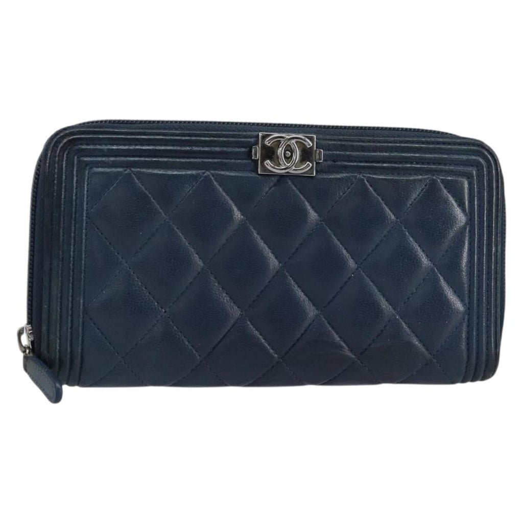 Chanel Boy Yen Wallet Quilted Lambskin Navy Leather Wallets Accessory (Pre-Owned)